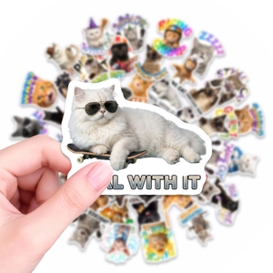 Hand holding a funny white cat sticker with sunglasses and Deal With It text