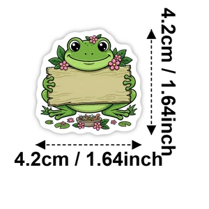 Cute cartoon green frog sticker with wooden sign and flowers, 4.2cm waterproof decal