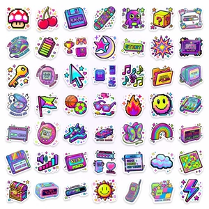 Set of 50 retro Y2K pixel art stickers featuring gaming icons and neon vintage gadgets