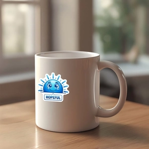 Gros plan d'un mug en céramique blanche avec motif soleil bleu sur une table en bois
