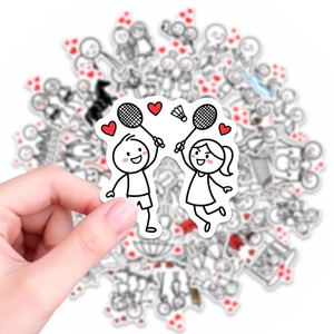 Close-up of waterproof cartoon stickman stickers showing a couple playing badminton