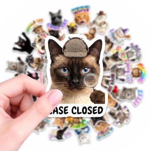 Close-up of detective cat sticker with Case Closed text among various cat decals