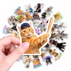 Close-up of funny orange cat sticker with blue cap and stick from 50pcs sticker pack