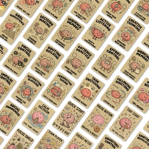 Detail of colorful cognitive function cards showing executive skills and brain illustrations