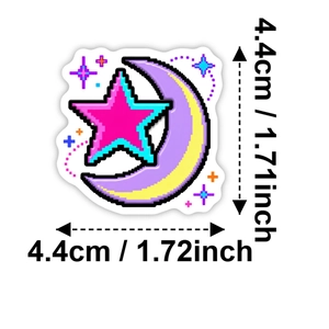 Retro pixel art sticker featuring a pink star and crescent moon, size 4.4cm by 4.4cm