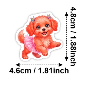 Cartoon orange puppy sticker in pink tutu dress with dimensions 4.8cm x 4.6cm