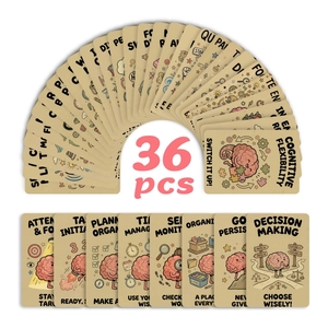 Macro view of 36 cognitive flexibility training cards with colorful brain illustrations