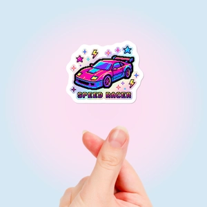 Close-up of waterproof pixel art racing car sticker with Speed Racer text and stars