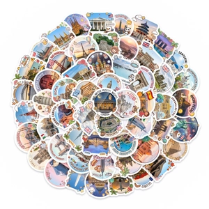 Set of 50 waterproof cartoon world landmark stickers for luggage and planners