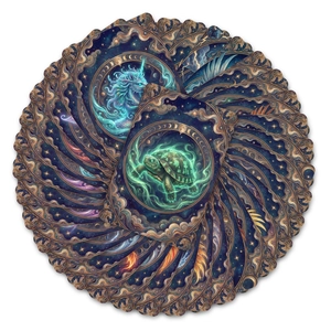 Detailed fan arrangement of celestial tarot cards with mystical creature illustrations