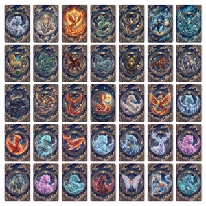 Flat lay of 36 mythical creature cards with starry sky backgrounds and fantasy illustrations