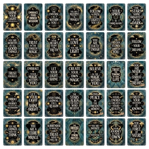 Set di 36 carte di affermazione cosmica con motivi celesti dorati su sfondo blu navy