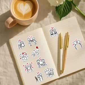 Romantic stickman couple stickers for DIY journals with heart details and Love text