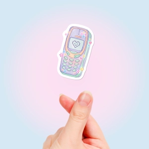 Detail von Y2K Retro-Aufklebern im Macaron-Stil mit Vintage-Telefon und Pixel-Herz