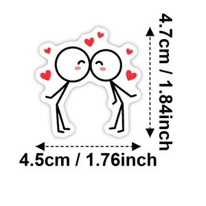 Romantic stickman couple kiss sticker with red hearts and precise 4.7cm height measurements