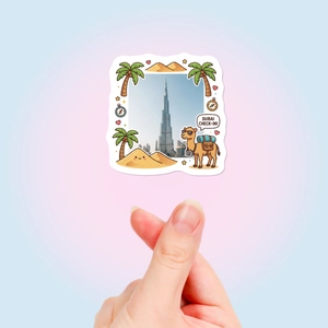 Detail of waterproof Dubai travel sticker with Burj Khalifa and camel on polaroid frame