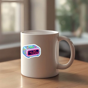 Macro shot of a retro clock pixel sticker on a white ceramic mug for daily decoration