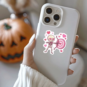 Pink heart skull stickers on white phone case featuring cartoon Cupid skeleton design