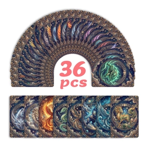 Set of 36 mystical starry sky oracle cards featuring fantasy creatures and gold borders