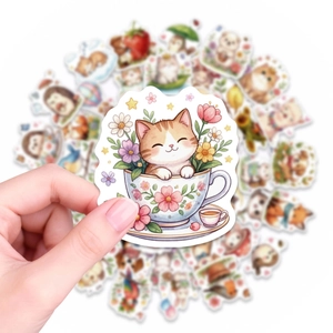 50pcs cute watercolor cat in teacup stickers, waterproof animal decals for laptops