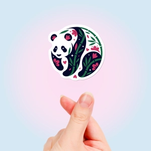Detail of artistic giant panda sticker with floral patterns and waterproof PVC finish