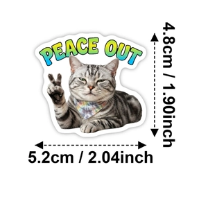 Funny cat sticker featuring a peace out gesture with precise dimensions 5.2cm x 4.8cm