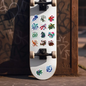 Ethnic animal stickers on a skateboard with colorful tropical totems and waterproof designs