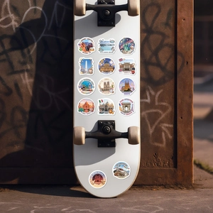 Waterproof world landmarks travel stickers applied on a skateboard with street art style