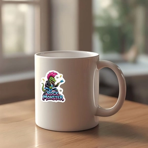 Detail of Rock Monster graphic on white ceramic mug with punk monster playing guitar