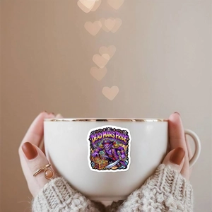Close-up of a cartoon skeleton pirate sticker on a ceramic mug with soft heart bokeh