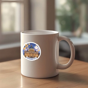 Detail of Vatican City travel sticker on white ceramic mug placed on a wooden table