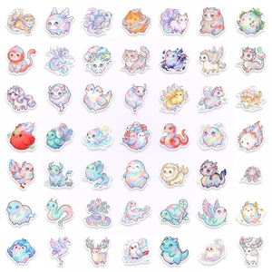 Set of 49 watercolor dream beast stickers with pastel chibi fantasy creature designs