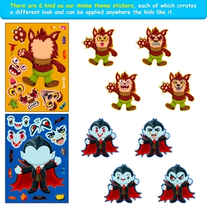 Set di 6 adesivi di mostri di Halloween per bambini con puzzle di volti creativi