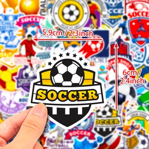 Waterproof soccer badge stickers with 5.9x6cm size reference for sports fans and kids