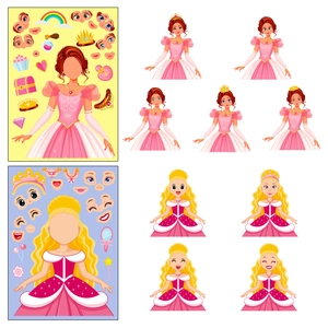 Detalle de pegatinas de princesas de cuento de hadas con vestidos y accesorios faciales DIY