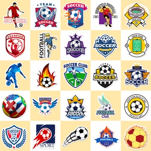 Set of 50 soccer stickers featuring football trophies, athletes, and club shield designs