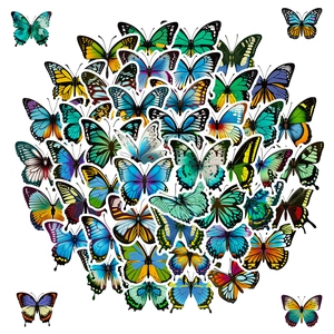 Gedetailleerde weergave van kleurrijke vlinderstickers in diverse soorten met witte rand