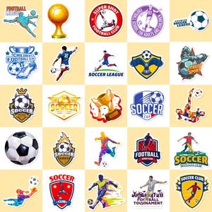 50-piece set of vibrant soccer club stickers featuring football players and gold trophies