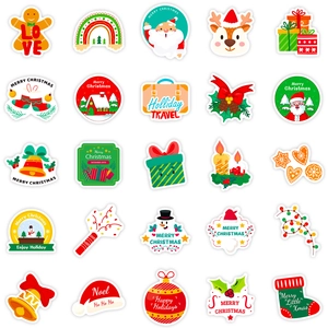 Set of 25 waterproof cartoon Christmas stickers with Santa, reindeer and snowman designs