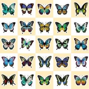 50 kleurrijke vlinderstickers in een rasterlay-out voor decoratieve kunst en DIY-werk