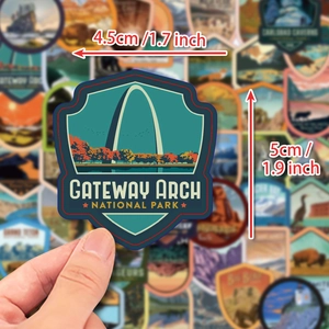 Close-up of a Gateway Arch National Park sticker with clear 4.5cm x 5cm size dimensions