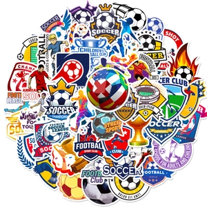 Close-up of waterproof football stickers set featuring diverse soccer club emblems and icons