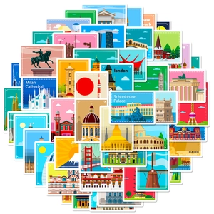 50-piece set of world landmark travel stickers with artistic oil painting style city designs