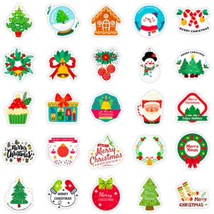 Set of 25 colorful Christmas cartoon stickers featuring trees, snowmen, and festive motifs
