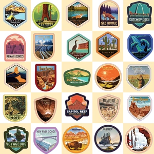 Set of 25 vintage US National Parks stickers featuring nature scenery in a 5x5 grid layout
