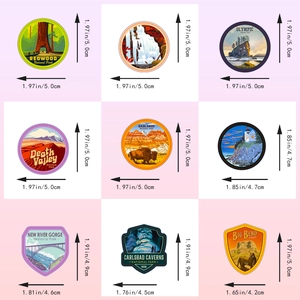 Detailed size guide of vintage US National Park stickers showing 5cm dimensions and cuts