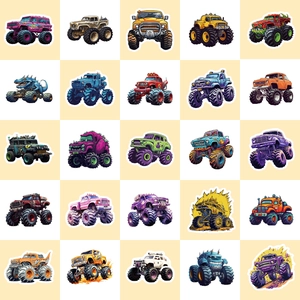 Set of 50 colorful monster truck stickers with vibrant cartoon off-road car designs