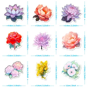 Size chart showing exact dimensions in cm and inches for various floral stickers
