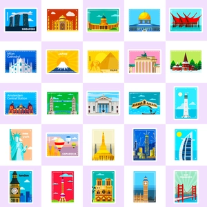 Flat vector art landmarks stickers set featuring world famous travel icons and architecture