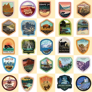 Set of 25 vintage US National Park stickers featuring Yosemite and Glacier Bay landscapes